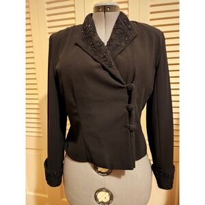 Vintage Talbots Petites Black Beaded Collar Lapel Blazer Jacket Size 12P